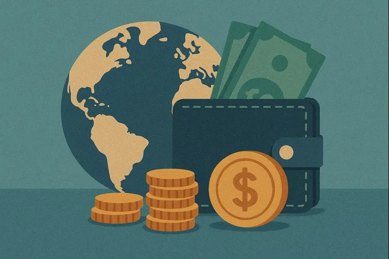 Icono de finanzas internacionales con cartera y globo